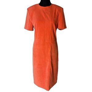 JOLIBEL Vintage Microsuede Coral Orange Midi Dress Mod Geo Short Sleeve Medium